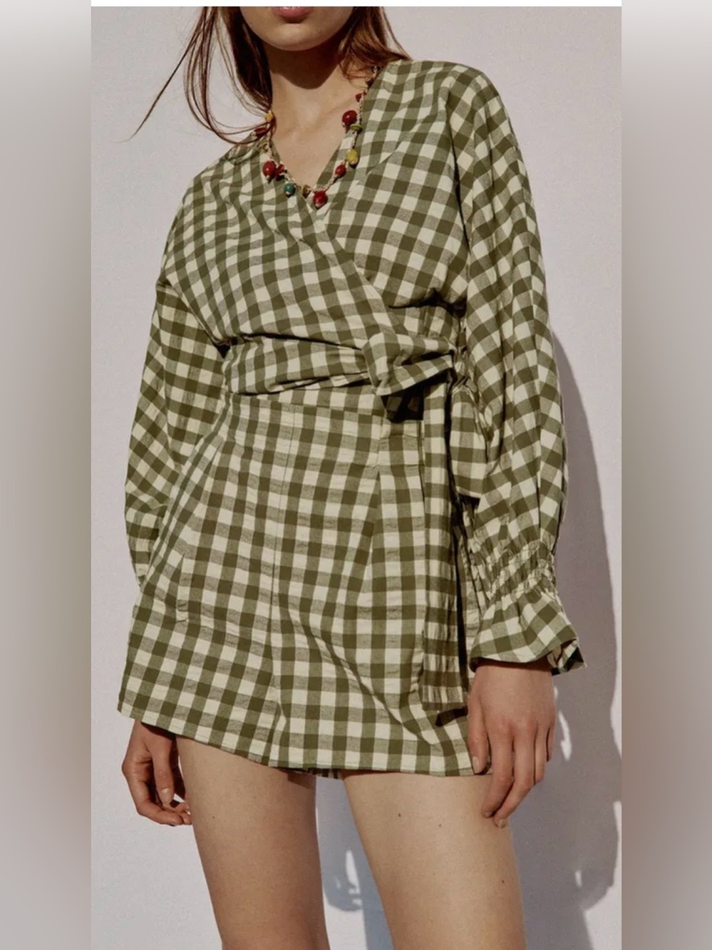 ZARA Gingham Tie Jacket Mid Green XS NWT SOLD OUT